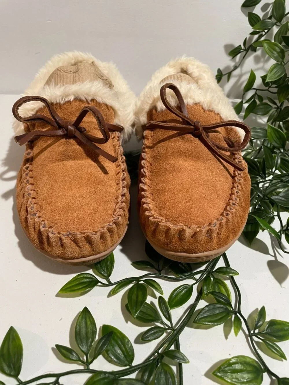 J.Crew Womens Faux Fur Lined Moccasin Slippers Size10 Suede Tan&Cream Rubber Sol